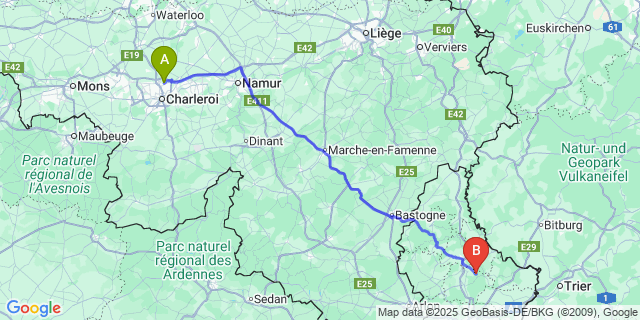Map: Charleroi Airport Brussels South (CRL) to Nommern