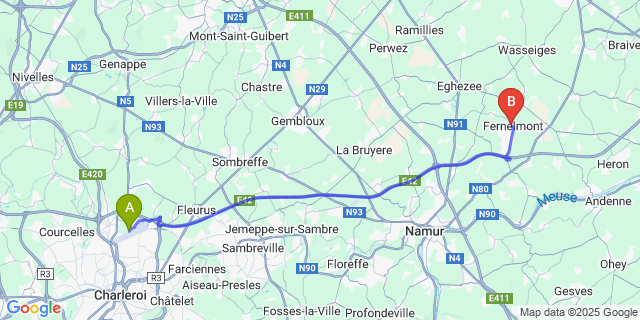 Map: Charleroi Airport Brussels South (CRL) to Noville-les-Bois (Fernelmont)