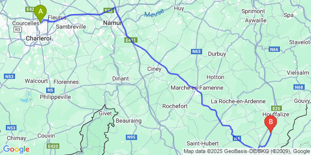 Map: Charleroi Airport Brussels South (CRL) to Noville (-Lez-Fexhe)