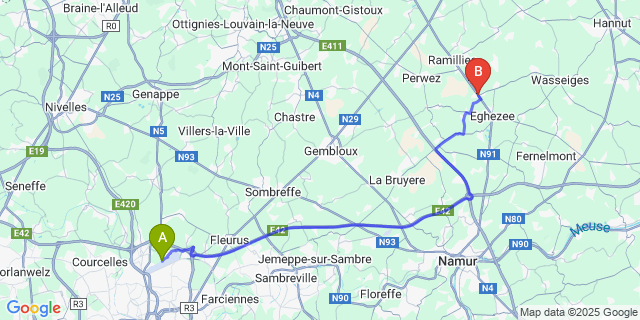 Map: Charleroi Airport Brussels South (CRL) to Noville-Sur-Mehaigne