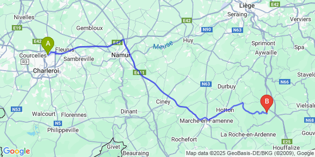 Map: Charleroi Airport Brussels South (CRL) to Odeigne