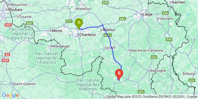 Map: Charleroi Airport Brussels South (CRL) to Offagne