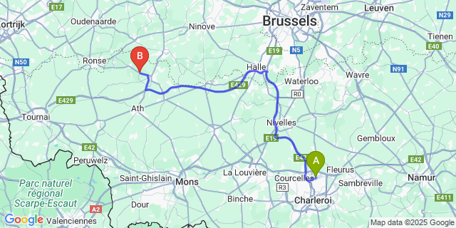 Map: Charleroi Airport Brussels South (CRL) to Ogy