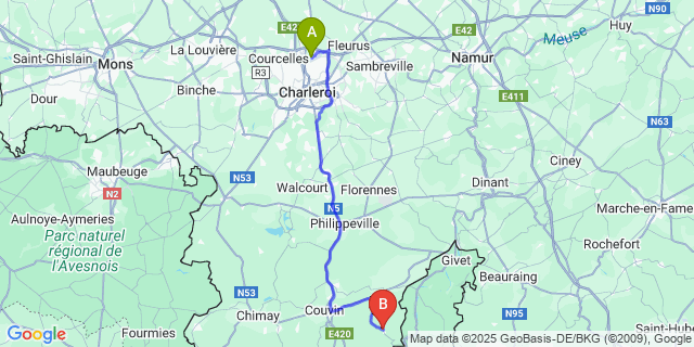Map: Charleroi Airport Brussels South (CRL) to Oignies-En-Thiérache