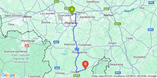 Map: Charleroi Airport Brussels South (CRL) to Olloy-Sur-Viroin