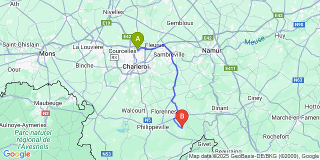 Map: Charleroi Airport Brussels South (CRL) to Omezée