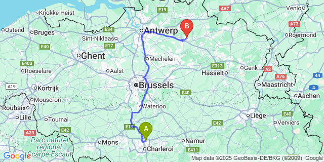 Map: Charleroi Airport Brussels South (CRL) to Onze-Lieve-Vrouw-Olen