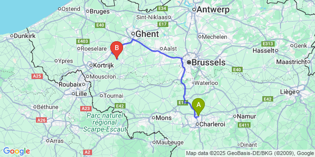 Map: Charleroi Airport Brussels South (CRL) to Ooike (Wortegem-Petegem)