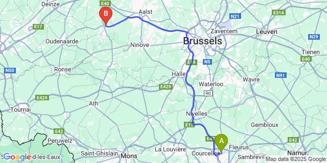 Map: Charleroi Airport Brussels South (CRL) to Oombergen (Sint-Lievens-Houtem)