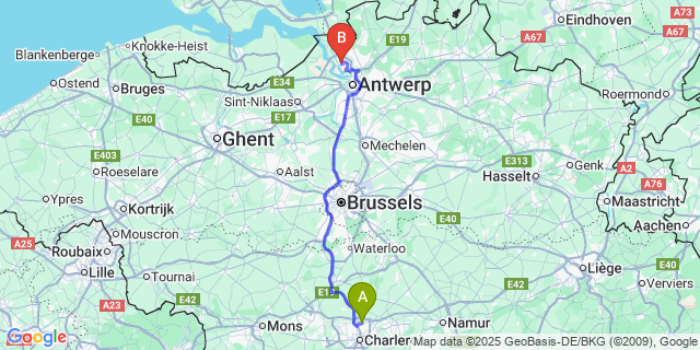 Map: Charleroi Airport Brussels South (CRL) to Oorderen