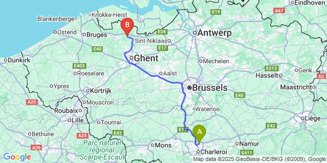 Map: Charleroi Airport Brussels South (CRL) to Oosteeklo