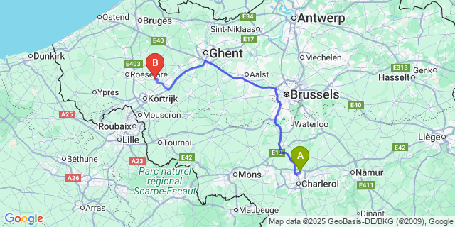 Map: Charleroi Airport Brussels South (CRL) to Oostrozebeke