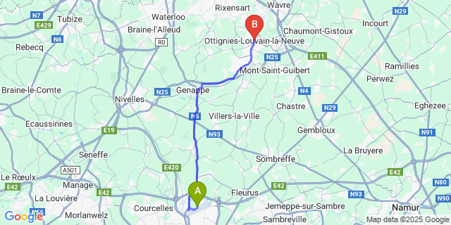 Map: Charleroi Airport Brussels South (CRL) to Ottignies