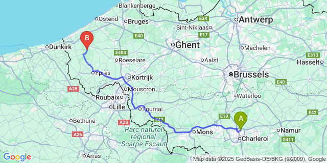 Map: Charleroi Airport Brussels South (CRL) to Oudekapelle