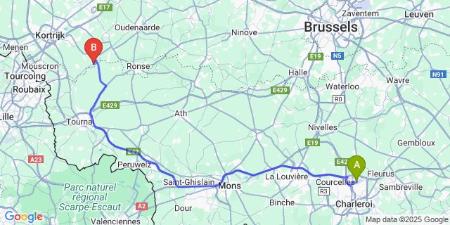 Map: Charleroi Airport Brussels South (CRL) to Outrijve
