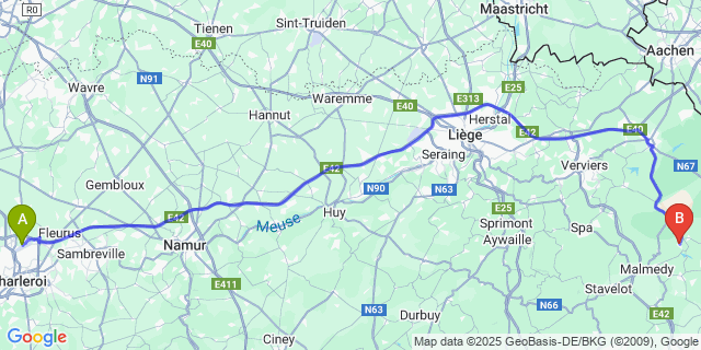 Map: Charleroi Airport Brussels South (CRL) to Ovifat