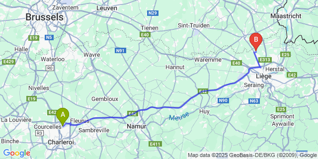 Map: Charleroi Airport Brussels South (CRL) to Paifve
