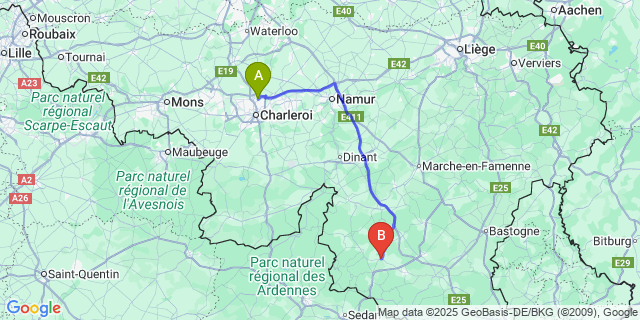 Map: Charleroi Airport Brussels South (CRL) to Paliseul