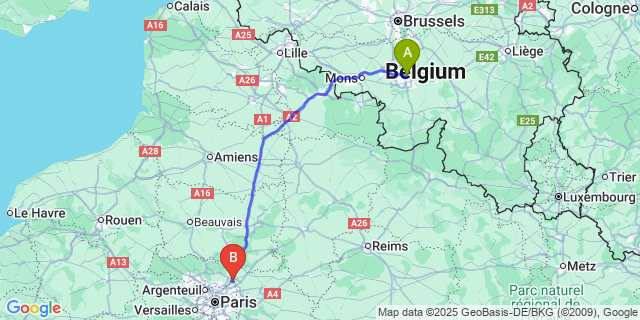 Map: Paris Charles de Gaulle Airport (CDG) to Charleroi Airport Brussels South (CRL)