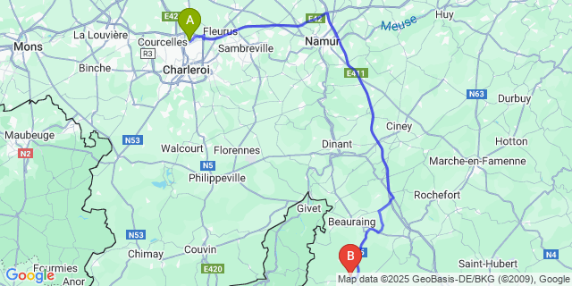 Map: Charleroi Airport Brussels South (CRL) to Patignies