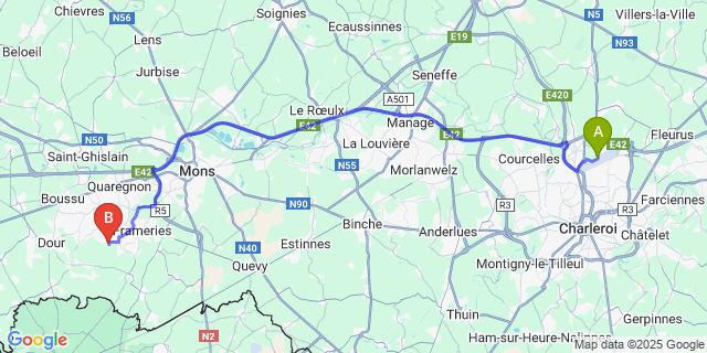 Map: Charleroi Airport Brussels South (CRL) to Pâturages