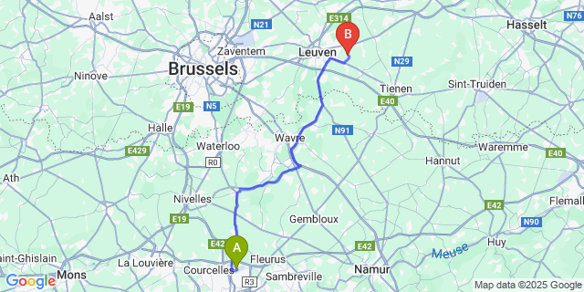 Map: Charleroi Airport Brussels South (CRL) to Pellenberg