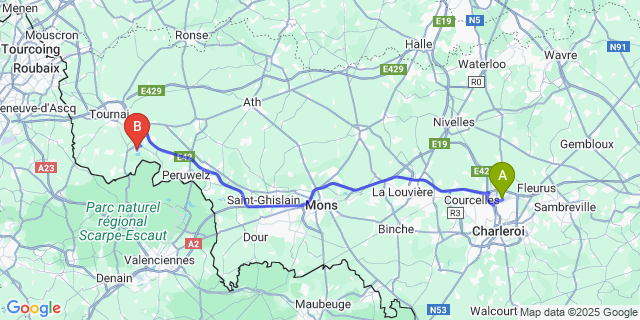 Map: Charleroi Airport Brussels South (CRL) to Péronnes (-Lez-Antoing)