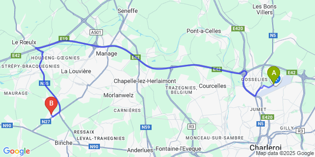 Map: Charleroi Airport Brussels South (CRL) to Peronnez-lez-Binche