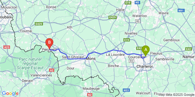 Map: Charleroi Airport Brussels South (CRL) to Péruwelz