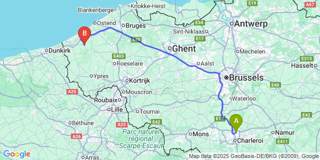 Map: Charleroi Airport Brussels South (CRL) to Pervijze