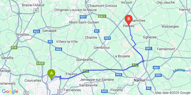 Map: Charleroi Airport Brussels South (CRL) to Perwez (-En-Condroz)