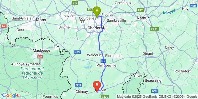 Map: Charleroi Airport Brussels South (CRL) to Pesche