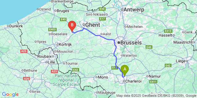 Map: Charleroi Airport Brussels South (CRL) to Petegem-aan-de-leie
