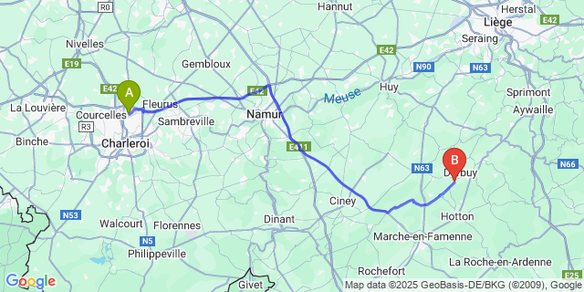 Map: Charleroi Airport Brussels South (CRL) to Petit-Han
