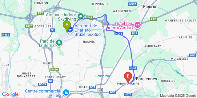 Map: Charleroi Airport Brussels South (CRL) to Pironchamps