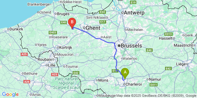 Map: Charleroi Airport Brussels South (CRL) to Poesele