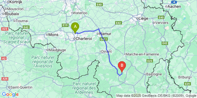Map: Charleroi Airport Brussels South (CRL) to Poix-Saint-Hubert
