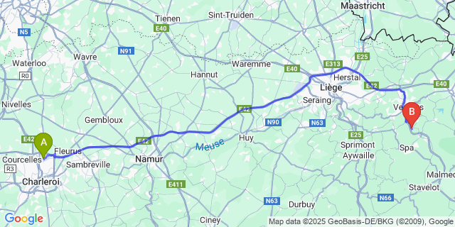 Map: Charleroi Airport Brussels South (CRL) to Polleur (Theux)