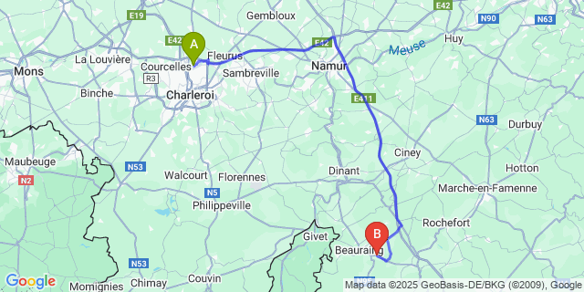 Map: Charleroi Airport Brussels South (CRL) to Pondrôme