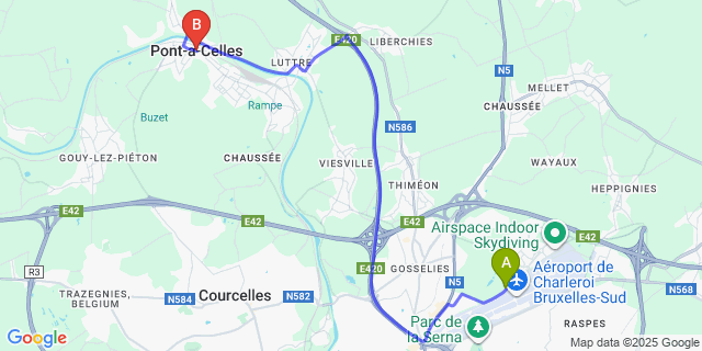 Map: Charleroi Airport Brussels South (CRL) to Pont-à-Celles