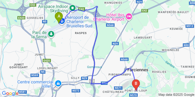 Map: Charleroi Airport Brussels South (CRL) to Pont-De-Loup
