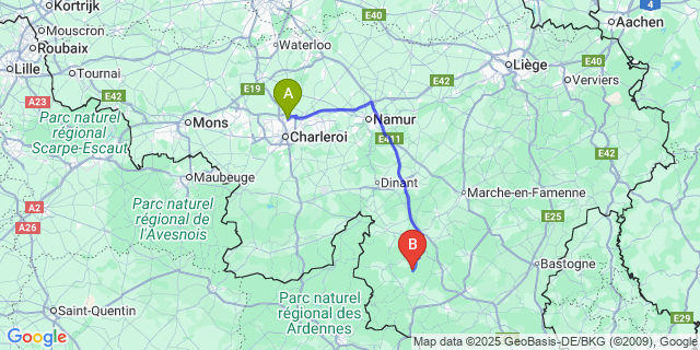 Map: Charleroi Airport Brussels South (CRL) to Porcheresse (-En-Ardenne)