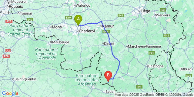 Map: Charleroi Airport Brussels South (CRL) to Poupehan