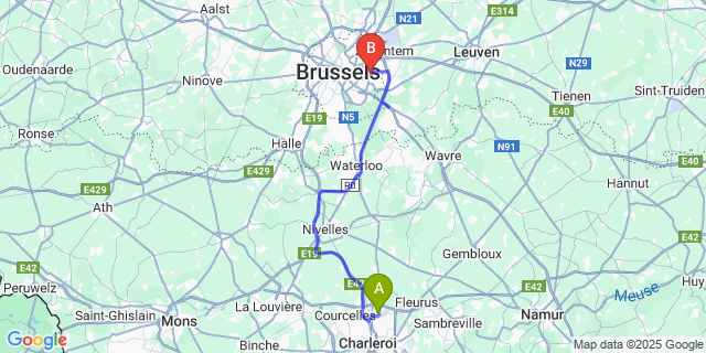 Map: Charleroi Airport Brussels South (CRL) to Prave