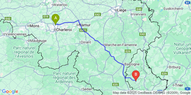 Map: Charleroi Airport Brussels South (CRL) to Préizerdaul