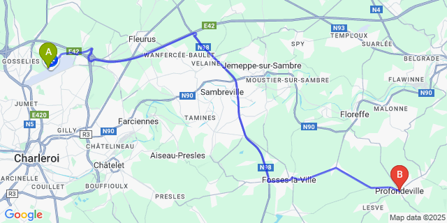Map: Charleroi Airport Brussels South (CRL) to Profondeville