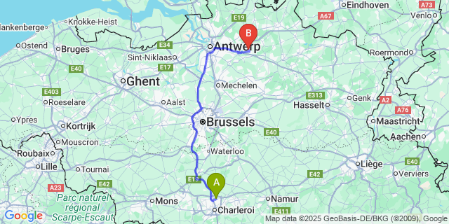 Map: Charleroi Airport Brussels South (CRL) to Pulle