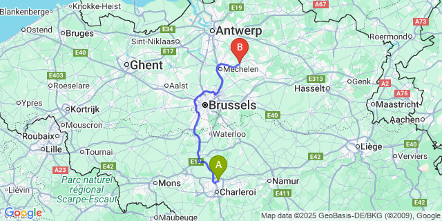 Map: Charleroi Airport Brussels South (CRL) to Putte