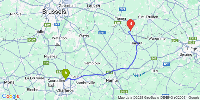 Map: Charleroi Airport Brussels South (CRL) to Racour