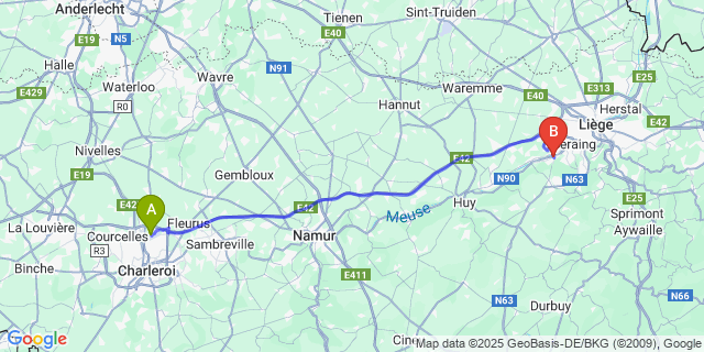 Map: Charleroi Airport Brussels South (CRL) to Ramet